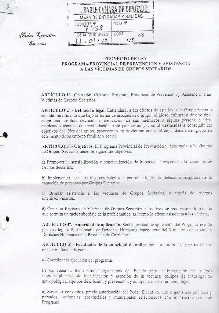Ley de Asistencia a victimas de "Sectas" Aprobada en la Provincia de Corrientes y un Veto Injustificable 3 proyecto de ley de asistencia corrientes del gobernador colombi 11