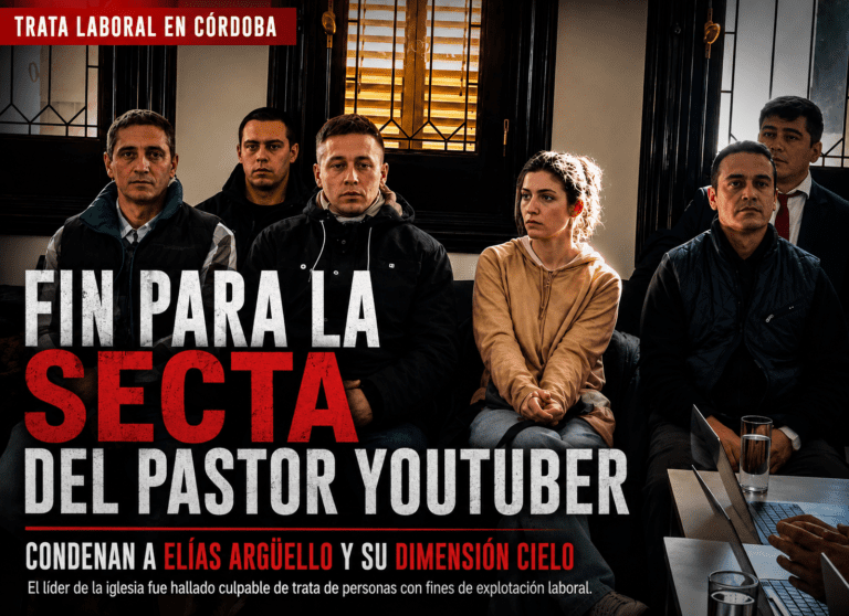 Imputados sentados durante el juicio federal contra la organización religiosa “Dimensión Cielo” en Córdoba, en una causa por trata de personas con fines de explotación laboral encabezada por el pastor Elías Argüello.