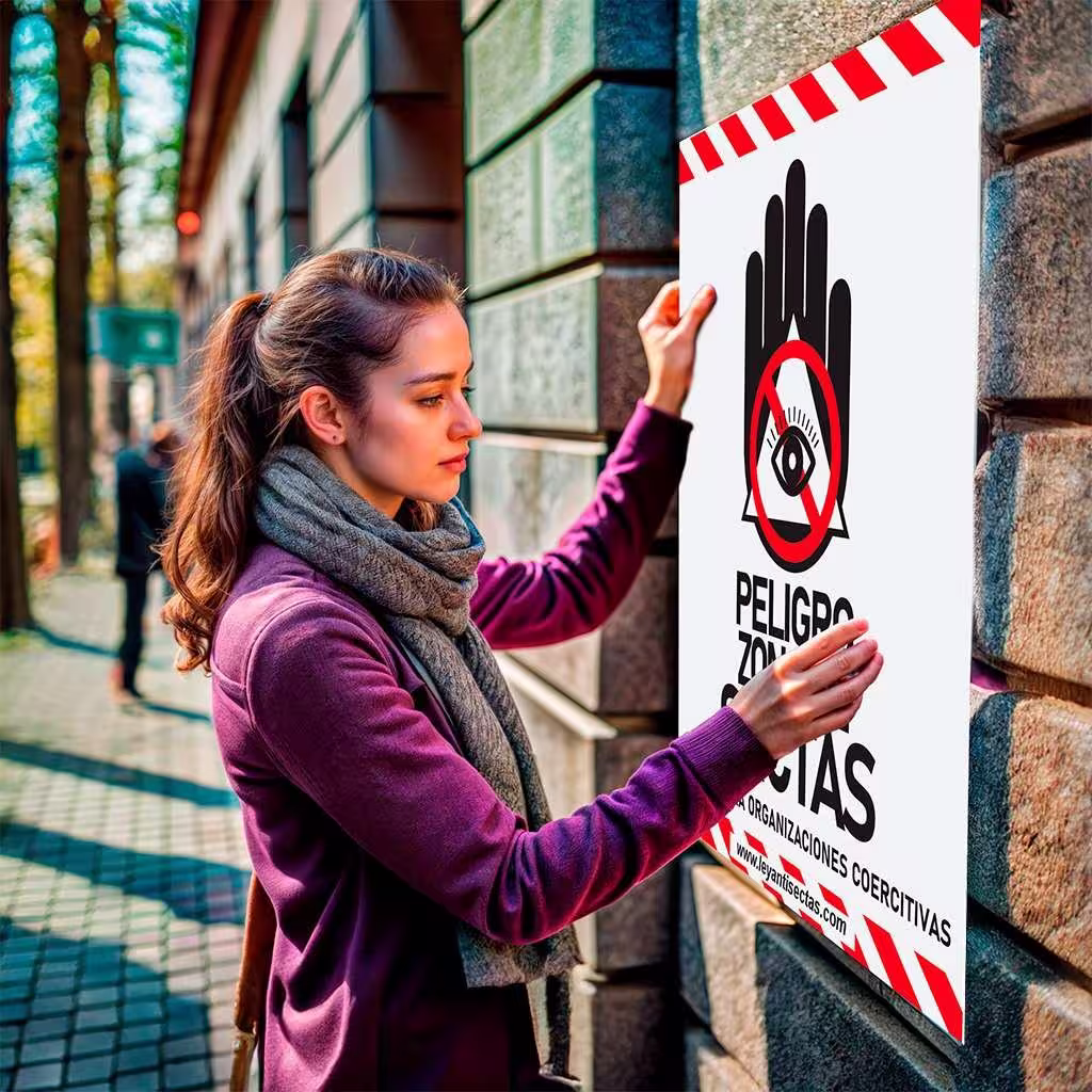 una mujer coloca un cartel en una pared en una ca enhanced